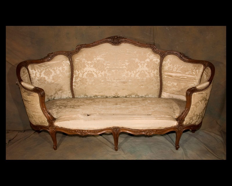 French Louis XV Carved Walnut Cabriole Leg Leather Upholstered